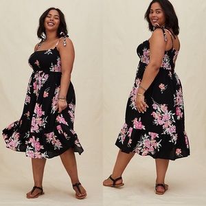 BLACK FLORAL CHALLIS TIE STRAP SMOCKED MIDI DRESS